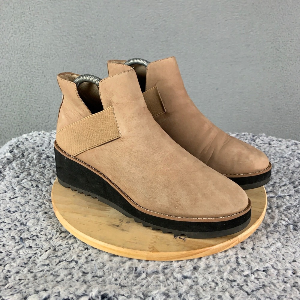 Eileen Fisher Lark Booties Women 9 Tan Nubuck Leather Wedge Platform Ankle Boots